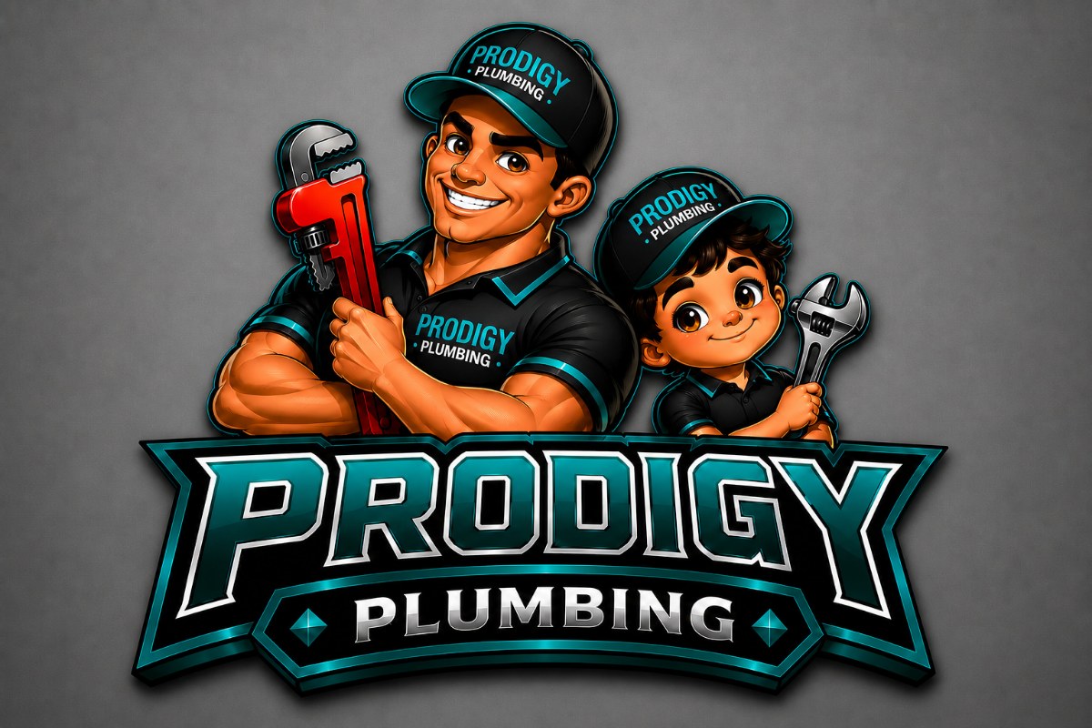 The Prodigy Plumbing mascot artwork — a father-and-son plumber duo holding wrenches, above the Prodigy Plumbing wordmark